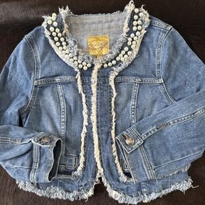 Princess Vera Wang Open Denim Jacket Faux Pearls Woman's Size XS Raw Hems